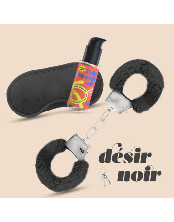 DÉSIR NOIR CONJUNTO DE ESPOSAS + ANTIFAZ SATINADO Y LUBRICANTE CON EFECTO CALOR CRUSHUIOUS