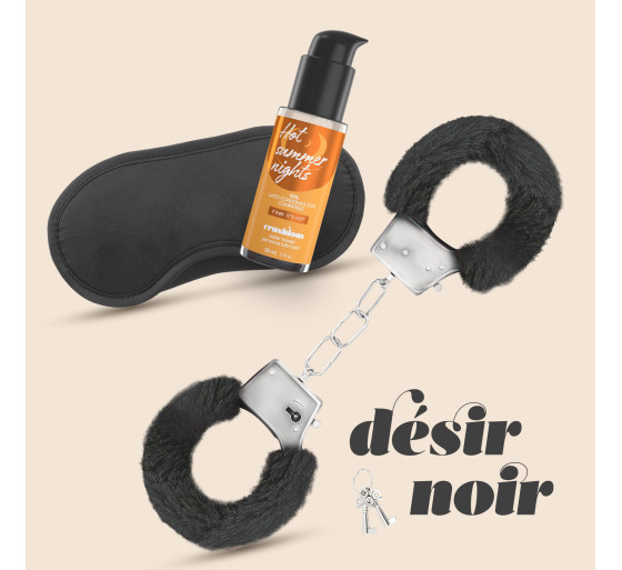 DÉSIR NOIR CONJUNTO DE ESPOSAS + ANTIFAZ SATINADO Y LUBRICANTE CON EFECTO CALOR CRUSHUIOUS