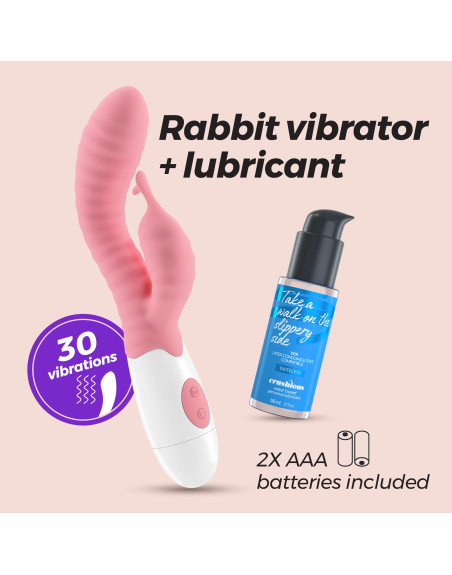 VIBRADOR CON ESTIMULADOR DE CLÍTORIS GUMMIE ROSA Y LUBRICANTE DE BASE AGUA INCLUIDO CRUSHIOUS