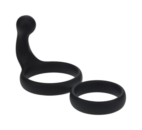 ANEL DOBLE DE SILICONA CON ESTIMULADOR PERINEAL NEGRO