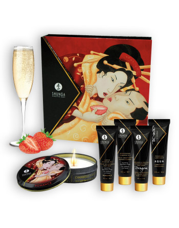 CONJUNTO SHUNGA SECRETOS DE GEISHA FRESA Y CHAMPÁN