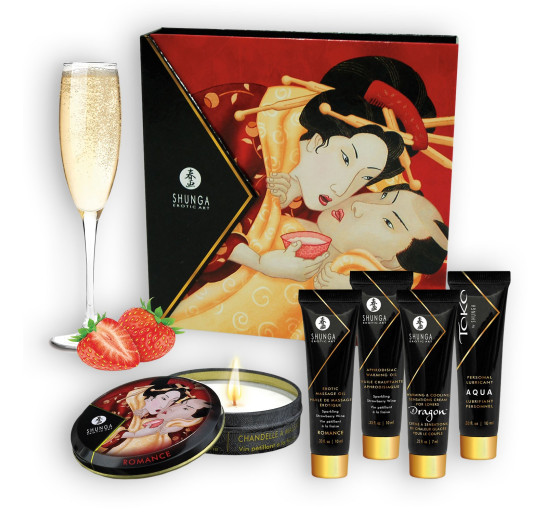 CONJUNTO SHUNGA SECRETOS DE GEISHA FRESA Y CHAMPÁN
