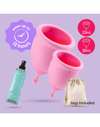 COPAS MENSTRUALES MINERVA S + L CON BOLSA Y LIMPIADOR DE JUGUETES 150 ML CRUSHIOUS